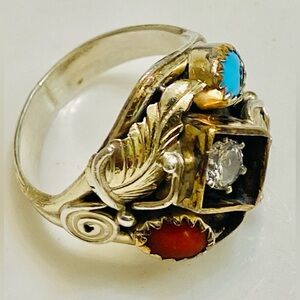 Handmade Native American Leaf accent  Ring with Turqouise Sapphire and Red Coral